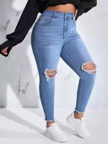 SHEIN SXY 女装大码修身牛仔裤,带有破洞和翻边磨毛设计 - 藍色 - 查看 1
