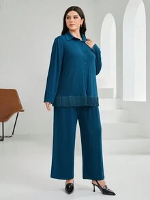 Mulvari Plus Size Fringe Hem Blouse And Wide Leg Pants Set - Blue - View 5