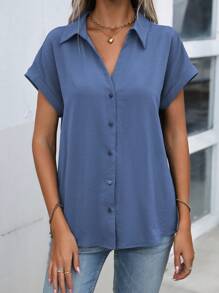 Wandoria Solid Batwing Sleeve Button Front Shirt - Dusty Blue - View 4