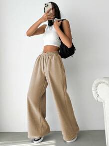 EURMUSE Solid Slant Pocket Wide Leg Sweatpants - Camel - View 3