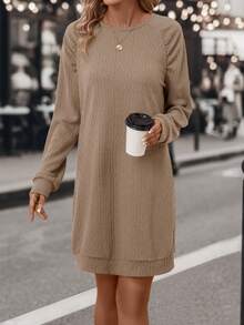 SHEIN LUNE Chất rắn Tay Raglan Đầm nỉ - Màu Khaki - Xem 6