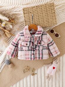 男嬰格紋印花翻蓋口袋搖粒絨外套無毛衣 - 粉色 - 查看 3