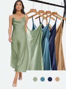 BizChic 女士优雅缎面吊带裙，垂坠领口，长款，适合婚礼、商务休闲、音乐会和婚礼宾客着装 - 薄荷綠 - 查看 1
