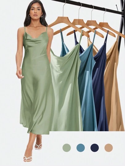 BizChic Robe nuisette en satin élégante pour femmes avec encolure drapée, longueur longue, convient pour les mariages, les tenues de bureau décontractées, les concerts et les tenues d'invités de mariage