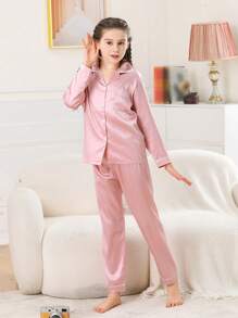 Girls Satin Pajama Set Long Pants Silk Button Style Long Sleeved Contrast Edging Cardigan Top Suitable For Children Aged 8-13 Spring And Autumn Two Piece Sets Loungewear - Red - View 4