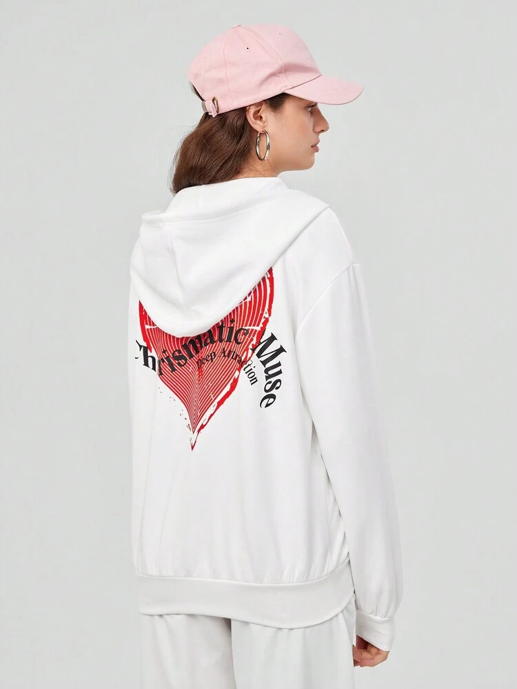 Heart & Slogan Graphic Drop Shoulder Hoodie
