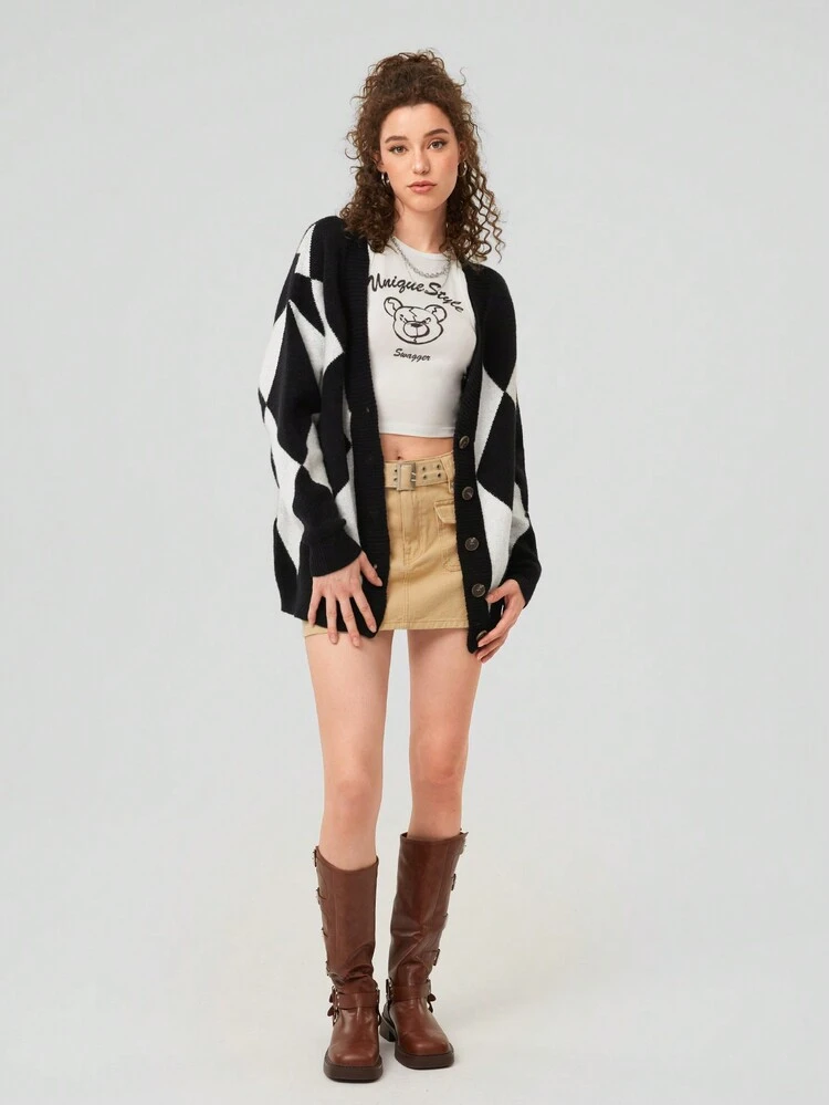 Women's Geometric Pattern Button Down Cardigan With Long Sleeves