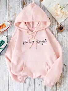 SHEIN EZwear 加大码标语图案保暖内衬袋鼠口袋卫衣 - 粉色 - 查看 2