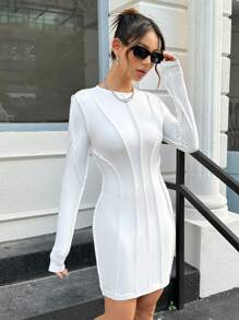SHEIN EZwear 素色接縫細節緊身洋裝 - 白色 - 查看 4