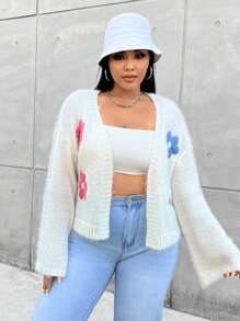 Flirla 大码花卉贴片落肩开衫 - 白色 - 查看 4