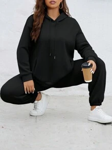 SHEIN Essnce Plus Drop Shoulder Drawstring Hoodie & Sweatpants - Black - View 7