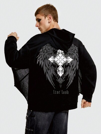 ROMWE Avant Hombres Capucha con letra & con estampado de ala de hombros caídos con cordón