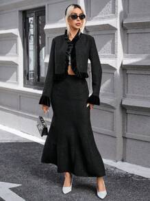 SHEIN Privé Frill Trim Crop Jacket & Mermaid Hem Skirt - Black - View 4