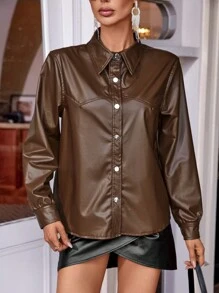 SHEIN Privé 素色前紐扣PU皮革夾克 - 棕色 - 查看 4