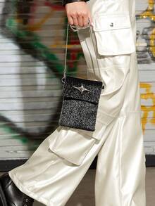 SHEIN ICON 毛茸茸翻蓋斜肩包手機包 - 黑色 - 查看 2