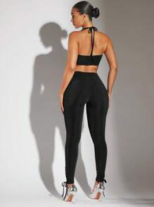 SHEIN BAE con fruncido delantero de espalda abierta Top halter & bajo con nudo Pantalones ajustados