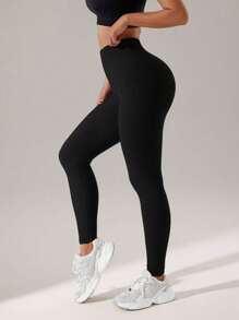 Easithlete Solid Tummy Control Sports Leggings - Black - View 7