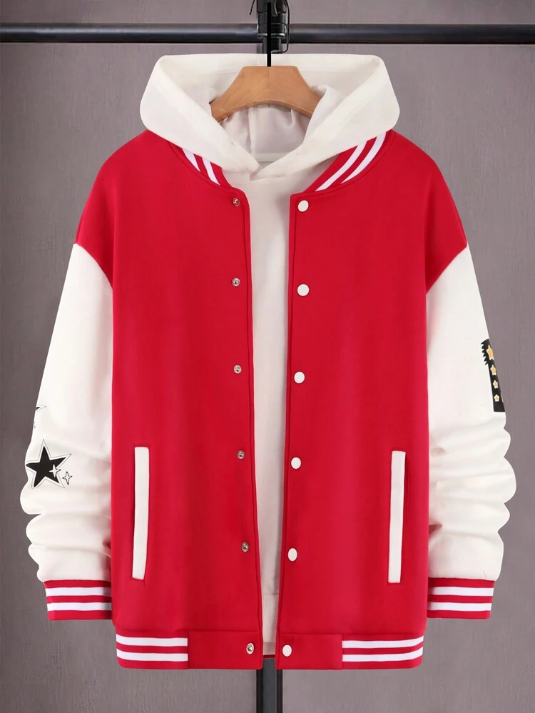 Loose Fit Men's Two Tone Drop Shoulder Varsity Jacket With Star And Letter Graphic, Without Hood