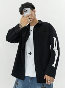 Manfinity Roghcode Camisa De Mezclilla Con Estampado De Esqueleto Suelta Para Hombres