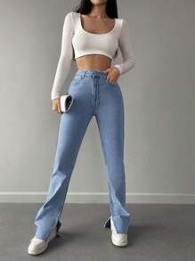 High Waisted Split Leg Jeans - Light Wash - View 4