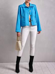 EURMUSE Women's Patchwork Pocket Single Breasted Jacket - Blue - View 3