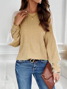 SHEIN LUNE Contrast Lace Raglan Sleeve Eyelet Embroidery Tee