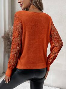 SHEIN Clasi Contrast Lace Lantern Sleeve Sweater In Fall/Winter - Rust Brown - View 2