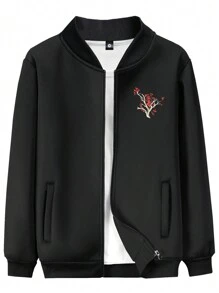 男士夾克新款春秋季日系櫻花印花運動外套休閒戶外跑步服,時尚個性拉鍊開衫復古歐美潮流街頭風男裝衣服 - 黑色 - 查看 8