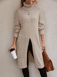 EMERY ROSE Turtleneck Drop Shoulder Split Thigh Sweater,Long Sleeve Tops Knit Pullover Fall Winter Outfit - Camel - View 3