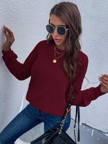 SHEIN LUNE 素色落肩袖套頭毛衣 - 紅色 - 查看 4