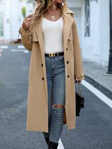 SHEIN LUNE Đôi ngực Thắt lưng Áo khoác Trench - Màu Khaki - Xem 5