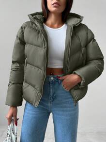 EURMUSE 女士連帽拉鍊棉衣 - 墨綠色 - 查看 1