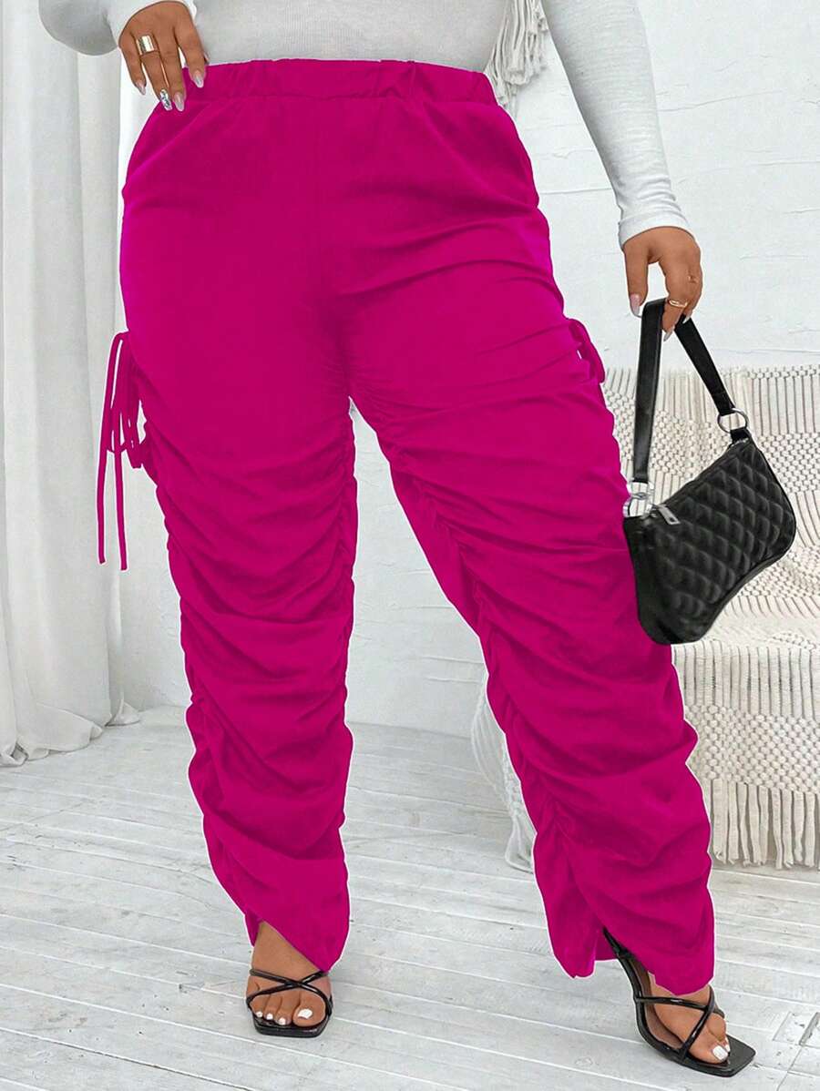 SHEIN CURVE+ Plus Elastic Waist Ruched Side Pants - Hot Pink - View 1