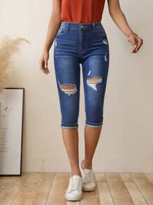 بنطلون جينز نحيل خصر عالي ممزق حافة خام كابري - أزرق داكن - مشاهدة 4