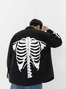 Manfinity Roghcode Camisa De Mezclilla Con Estampado De Esqueleto Suelta Para Hombres