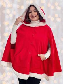 Flirla Plus Cloak Sleeve Fuzzy Trim Hooded Cape Overcoat Fall Cloth For Women - Red - View 2