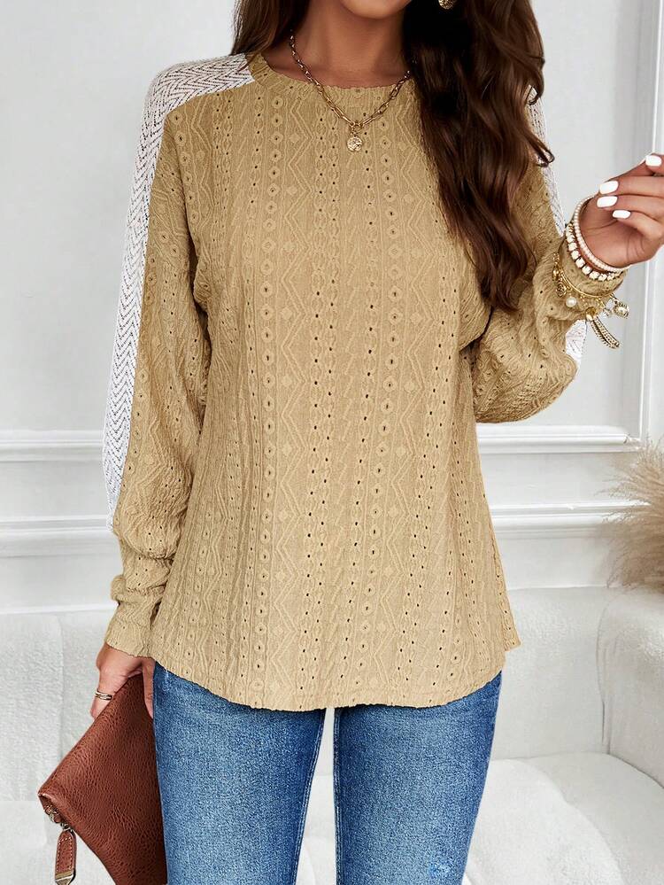 Contrast Lace Raglan Sleeve Eyelet Embroidery Tee Fall Cloth For Women