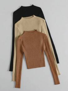 EMERY ROSE 3pcs Mock Neck Ribbed Knit Sweater,Long Sleeve Tops Knit Pullover Fall Winter Outfit - Multicolor - View 4