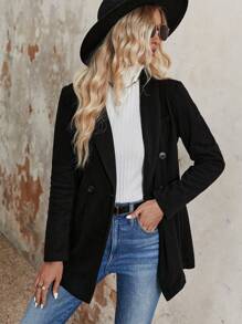 Chiquease Solid Double Breasted Blazer Without Belt - Black - View 4
