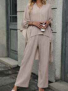 Plus Batwing Sleeve High Low Hem Top & Wide Leg Pants - Dusty Pink - View 1