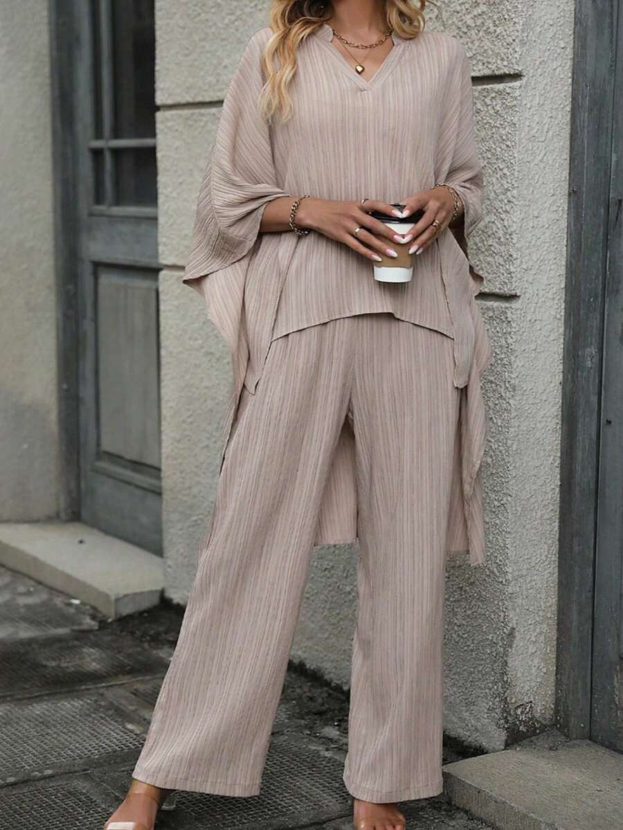 Plus Batwing Sleeve High Low Hem Top & Wide Leg Pants - Dusty Pink - View 1