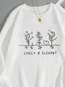 青少年女孩植物&標語圖案加絨內裏運動衫 - 白色 - 查看 4