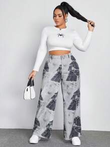 SHEIN EZwear 大碼圖案印花闊腿牛仔褲 - 彩色 - 查看 4