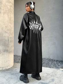 SHEIN EZwear 字母圖案落肩袖PU皮革外套 - 黑色 - 查看 3