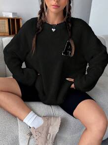SHEIN EZwear Letter Patched Drop Shoulder Fuzzy Sweatshirt - Black - View 1
