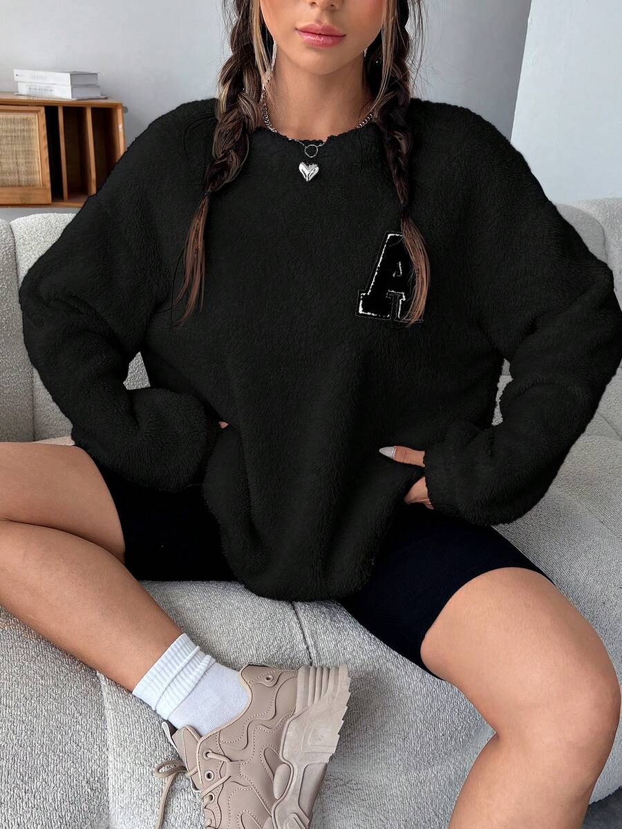 SHEIN EZwear Letter Patched Drop Shoulder Fuzzy Sweatshirt - Black - View 1