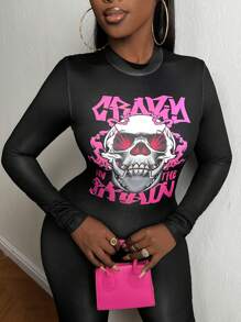 Slaydiva Skull & Letter Graphic Mock Neck Unitard Jumpsuit - Black - View 5