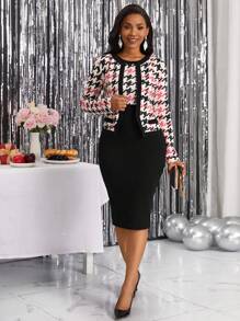 SHEIN Lady con estampado de pata de gallo Cazadora & Vestido ajustado - Multicolor - Ver 4