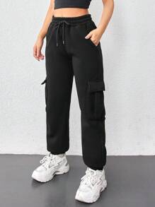 RueChic 100%Cotton Solid Drawstring Waist Flap Pocket Side Cargo Sweatpants - Black - View 5
