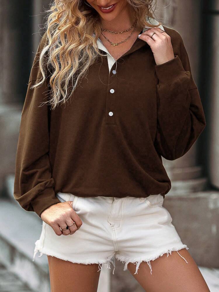 Contrast Collar Half Button Drop Shoulder Sweatshirt Pullover Fall Sweatshirt